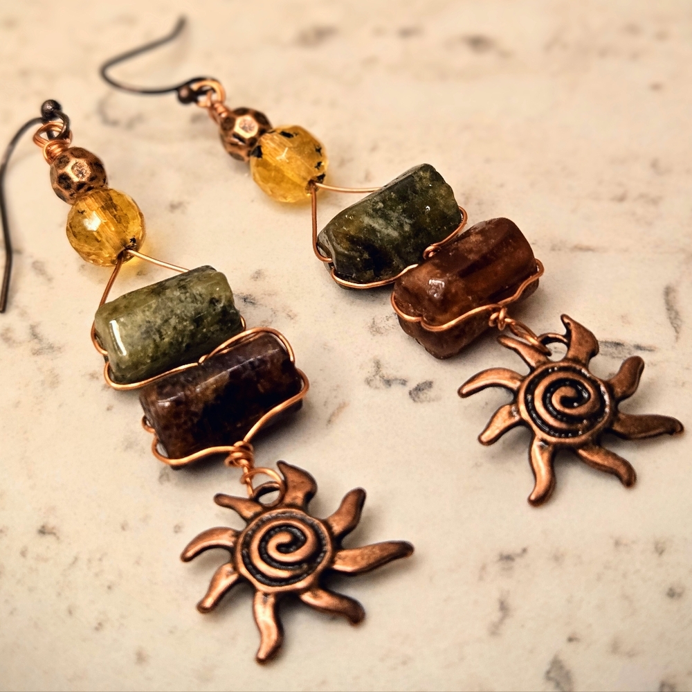 Nile Priestess' Sacred Green & Brown Garnets In Antique Copper Artisan Earrings - Picture 3 of 10